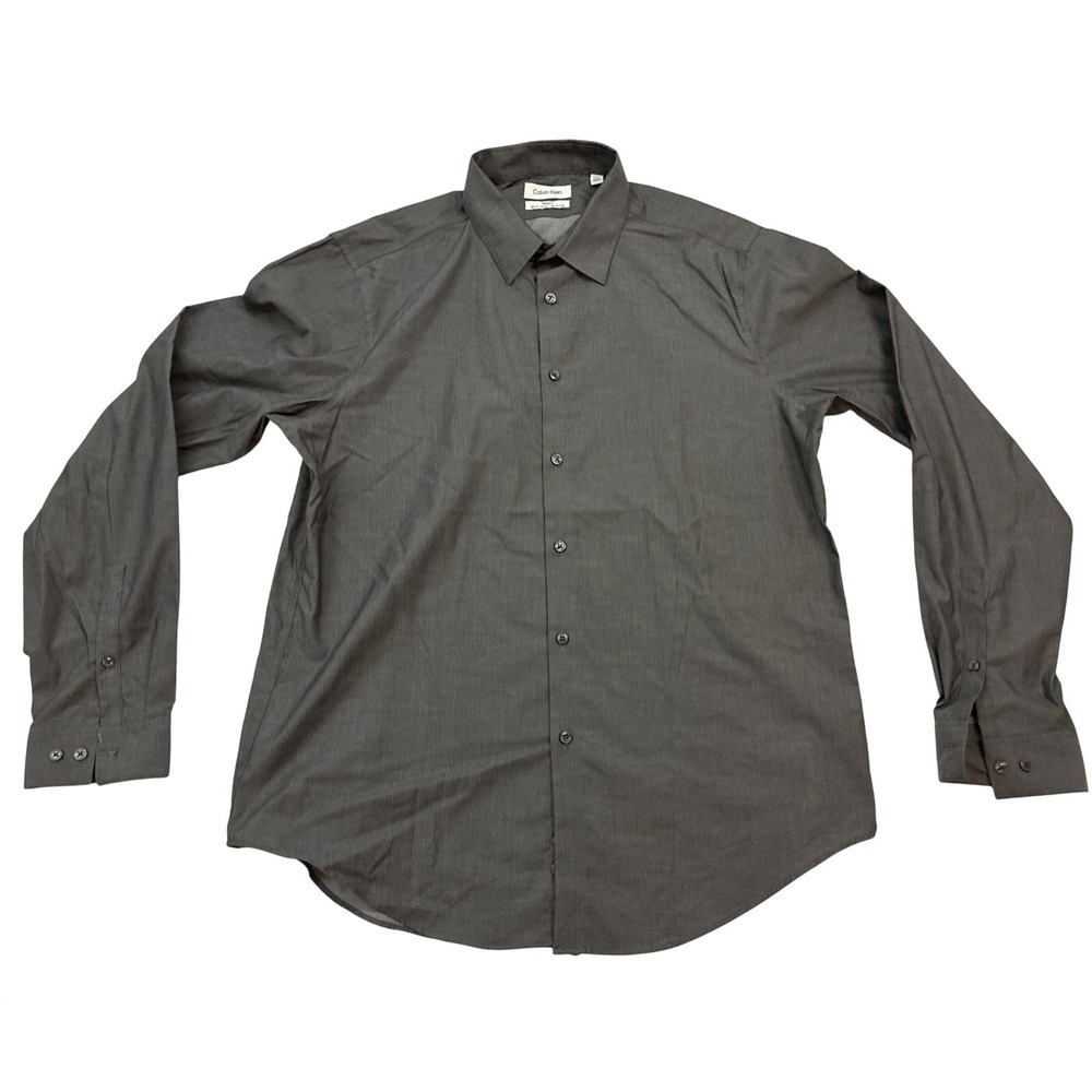 Calvin Klein Mens Slim Fit Dress Shirt Charcoal Grey Herringbone 17 36/37 XL